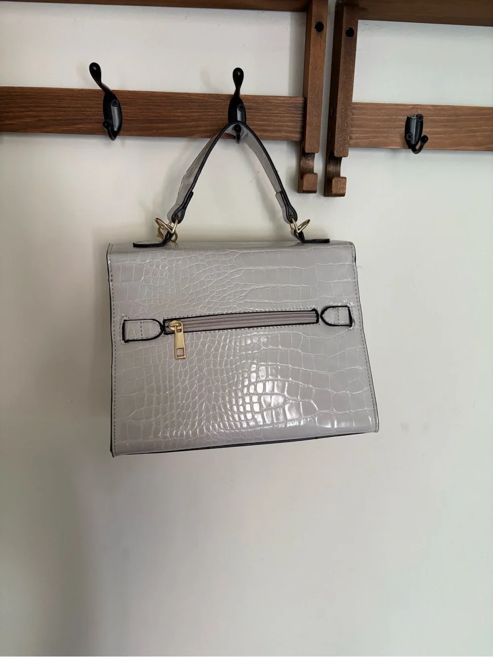 Gray Croc-Embossed Top Handle Bag with Gold Charm